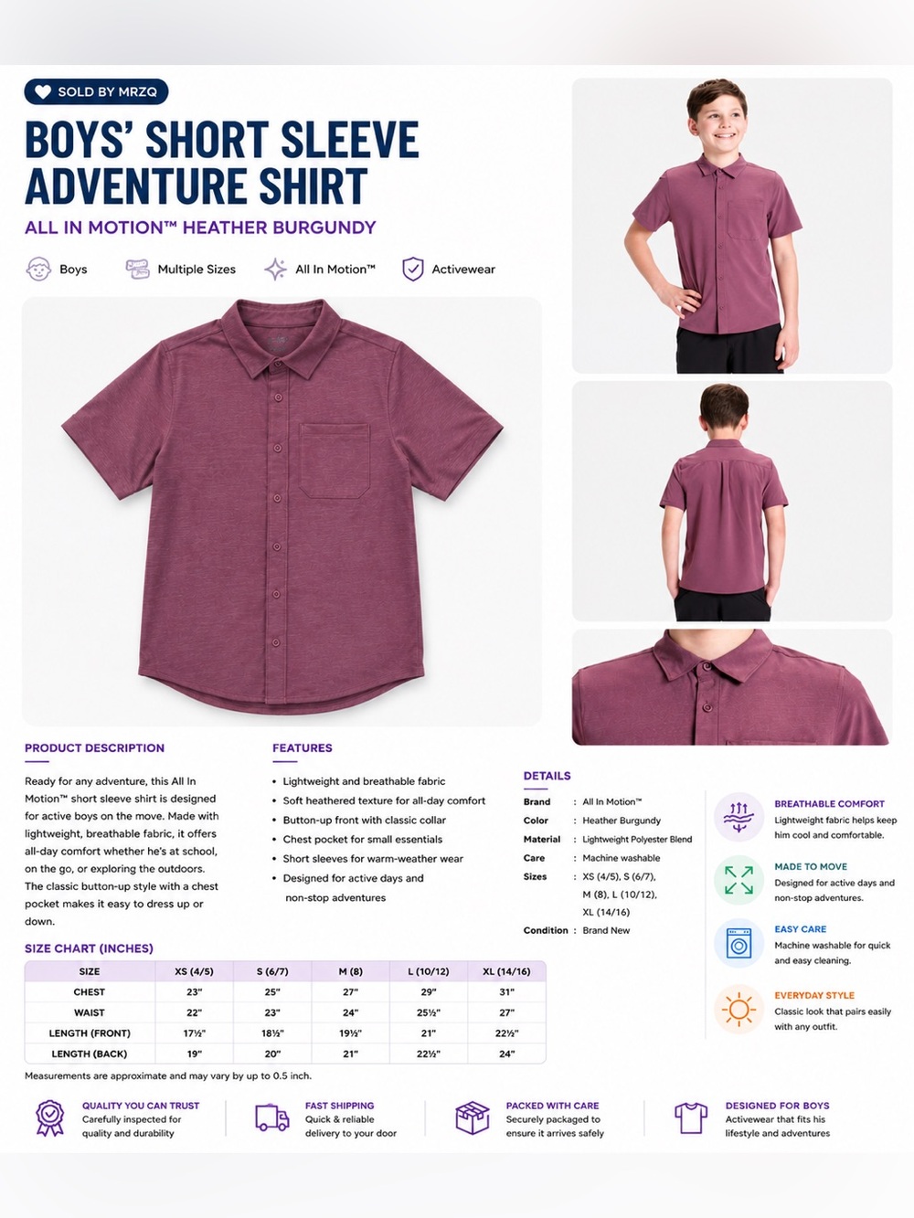 all in motion Heather Burgundy Short Sleeve Button-Down Shirt